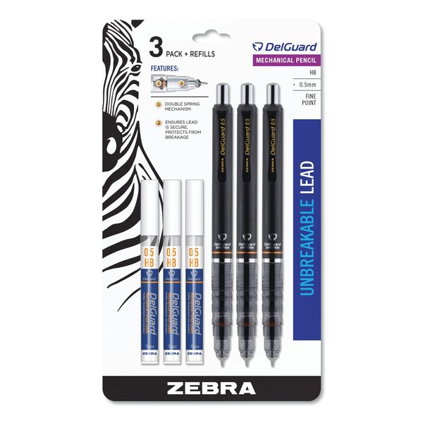 Zebra Pen Mechanical Pencil, 0.5 mm, HB (#2.5), Black Lead, Black Barrel, PK3 10613
